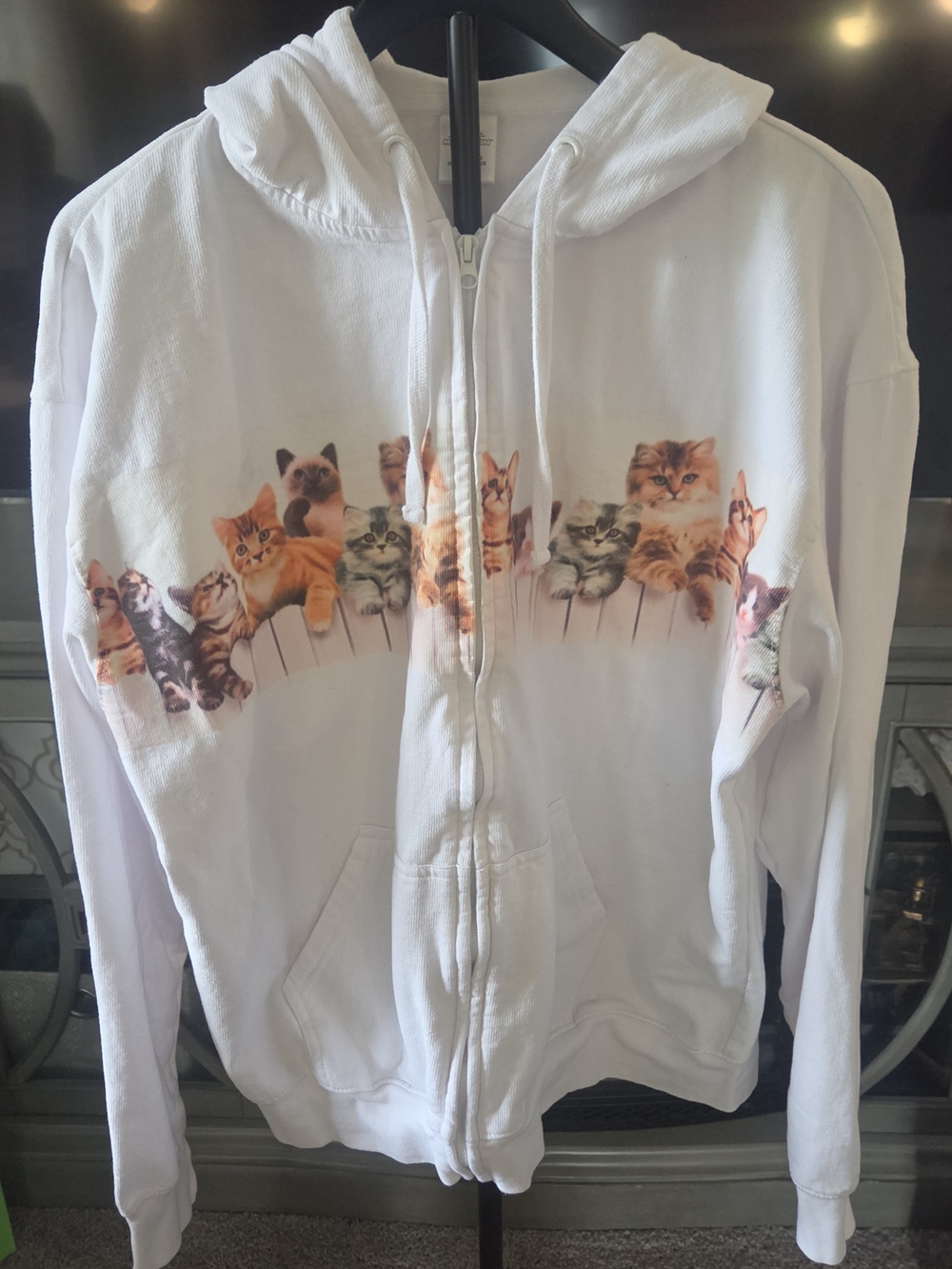 White Cat-Print Zip Hoodie with Front Pockets